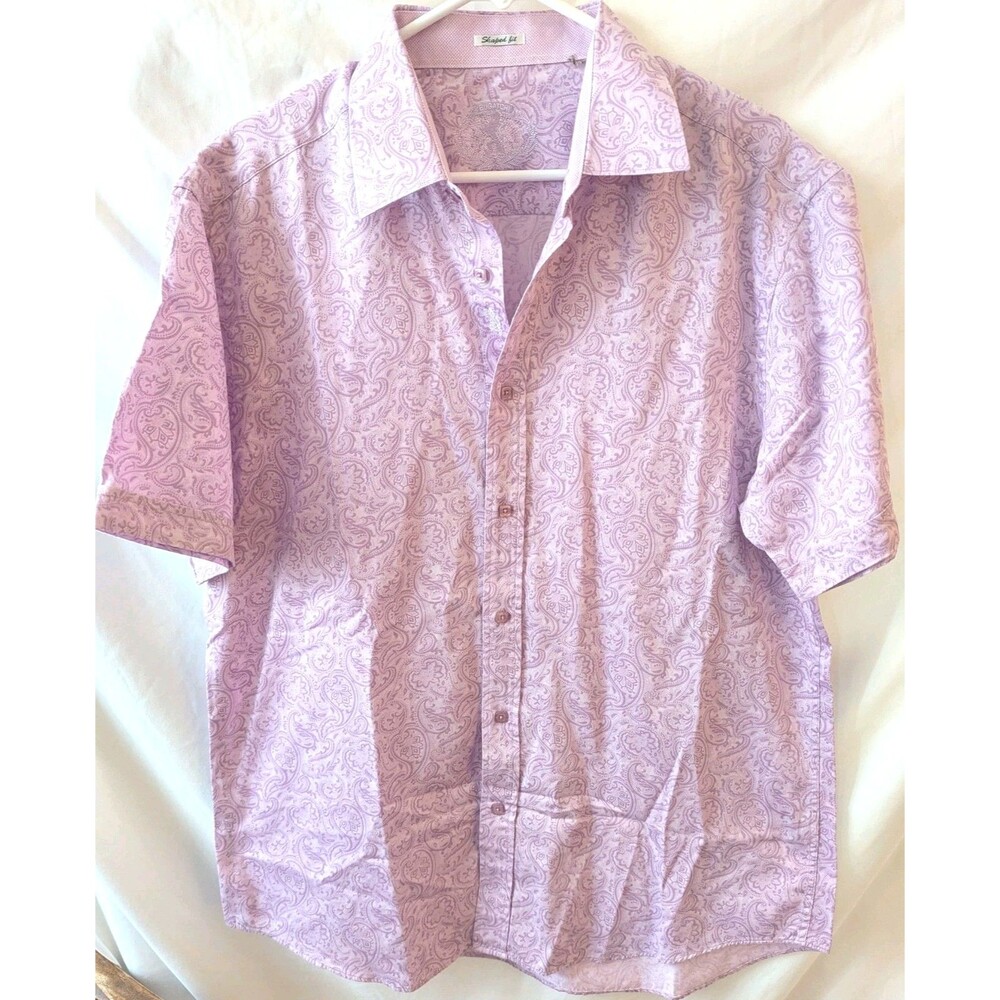Bugatchi Mens XL Cuffed Short Sleeve Button Down Shirt Pink & Purple Paisley